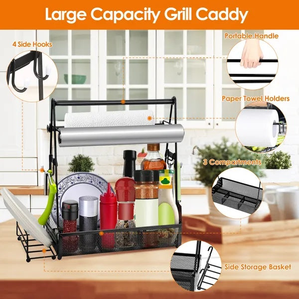 Utensil Caddy & Metal Grill Organizer with Paper Towel Holder — Heavy-Duty Iron BBQ Caddy for Outdoor Cooking & Kitchen Storage