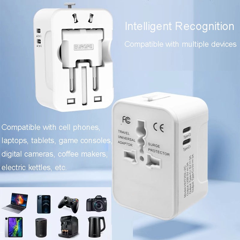 Universal travel adapter with Type-C and USB fast-charging ports
