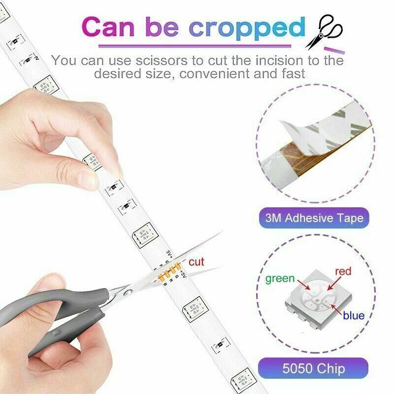 Bluetooth RGB LED Strip Lights — Music Sync + Remote — Flexible Smart Light Strip (US Plug)