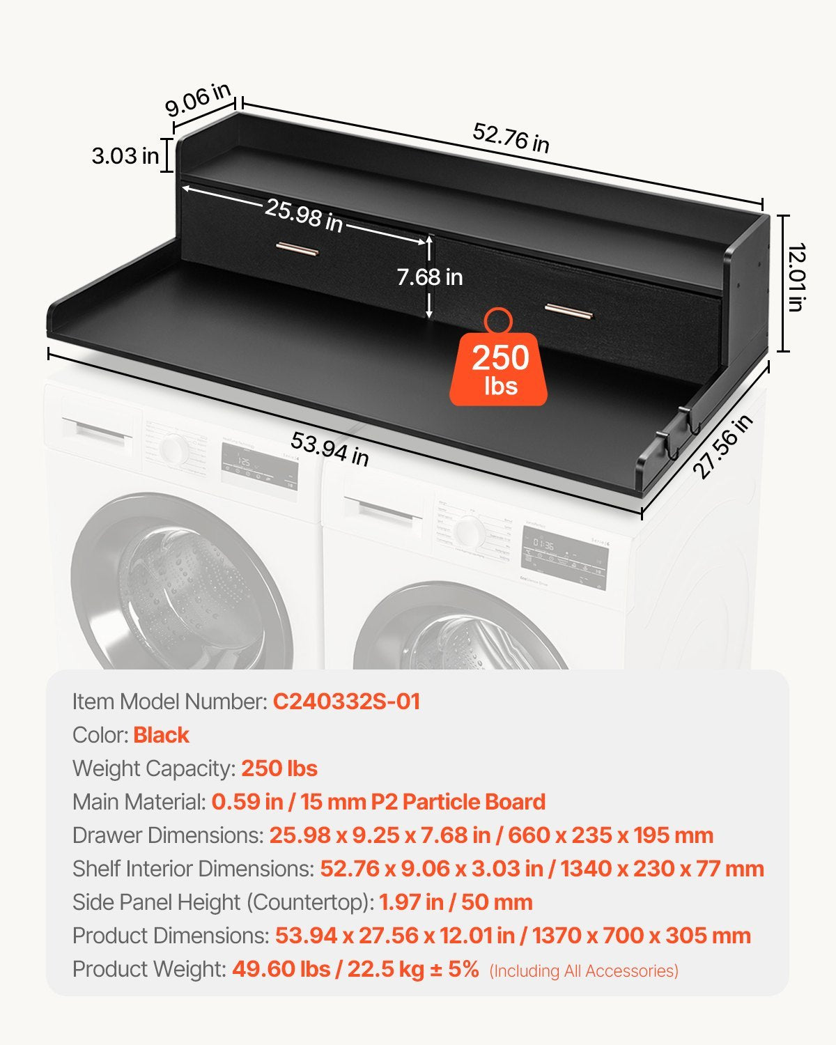 Washer & Dryer Countertop With Storage – 27.5" × 54" Wood Laundry Top With 2 Drawers