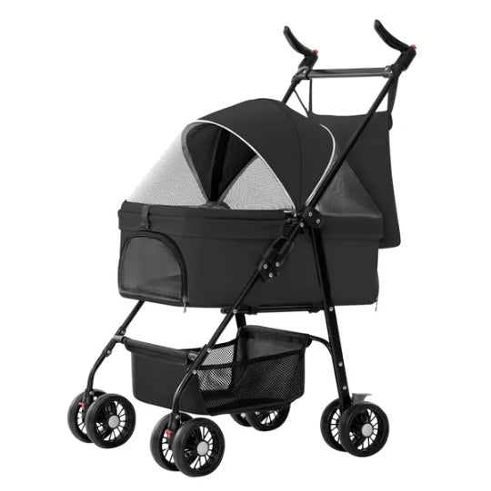 4-Wheel Foldable Pet Stroller – Travel Jogger Cart with Detachable Carrier, Storage Basket & Removable Liner | For Dogs & Cats (Up to 44 lbs)