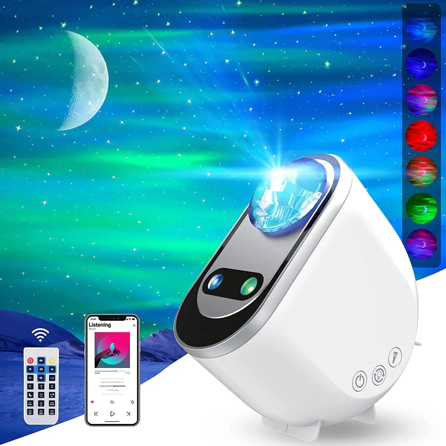 USB powered aurora projector with sound reactive lighting modes.