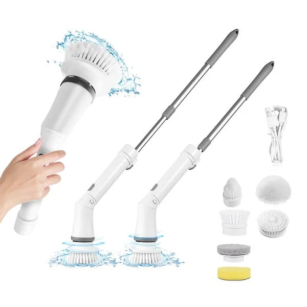 Electric cordless spin scrubber with telescopic handle and 6 heads
