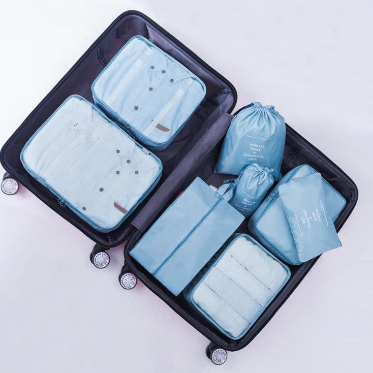 Waterproof Travel Buggy Bag – 9-Piece Clothing Organization & Storage Set (Beige / Lake Blue)