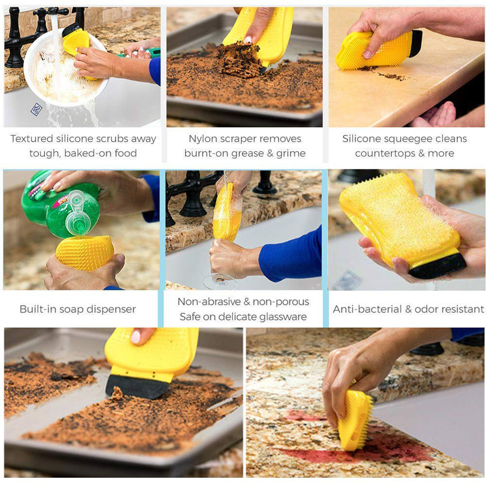 3-in-1 Silicone Sponge Hero – Scrubber, Scraper & Squeegee (Soap-Dispensing)