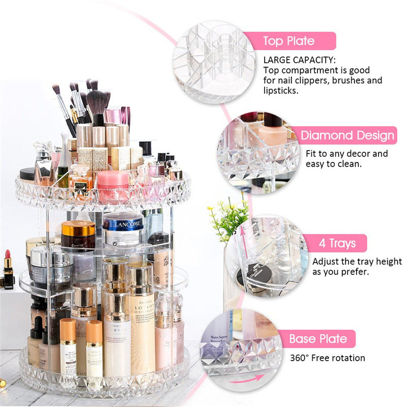 Diamond Pattern 360° Rotating Cosmetic Organizer – Acrylic Desktop Makeup & Skincare Storage Box