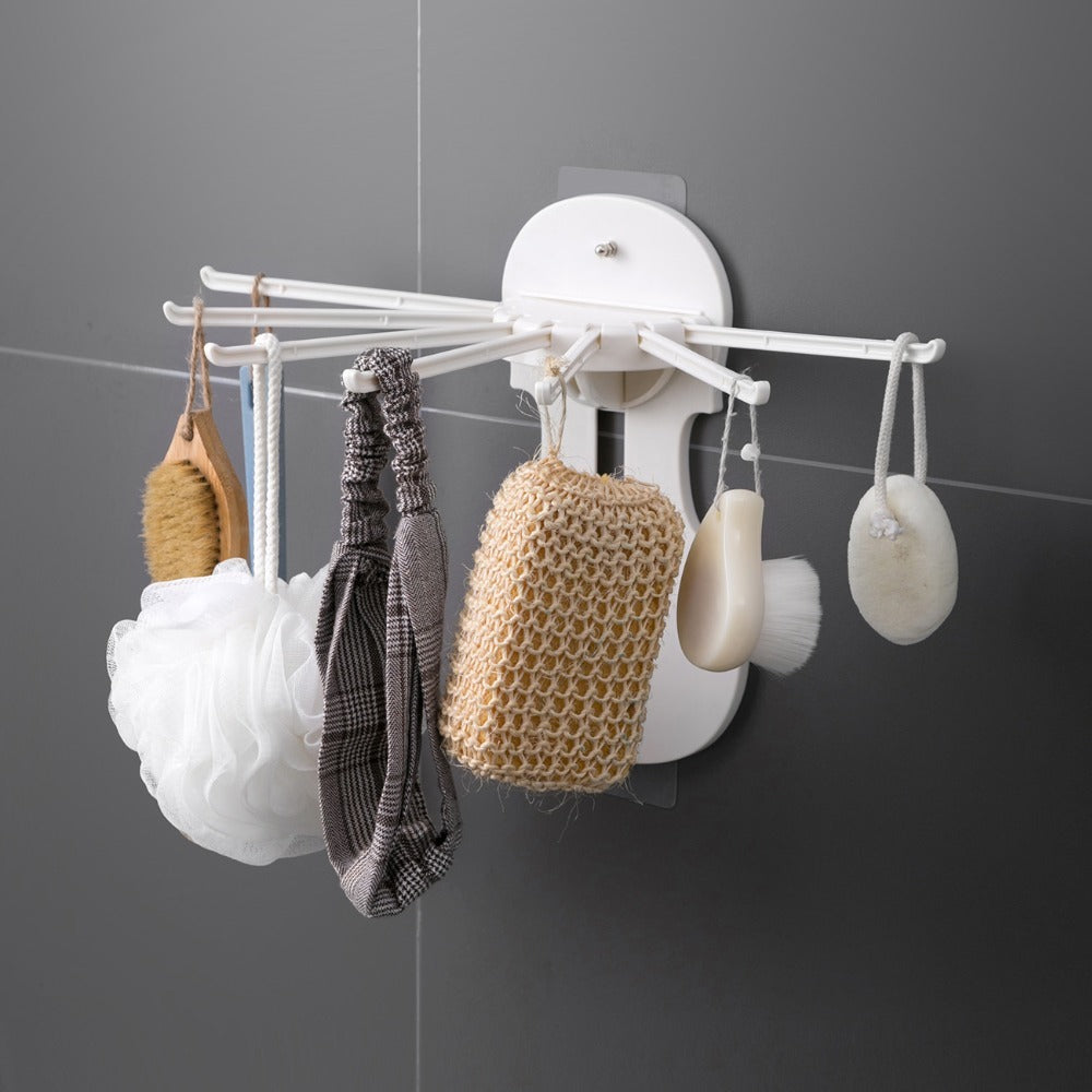 Retractable 7-in-1 wall-mounted storage rack with punch-free installation and hooks