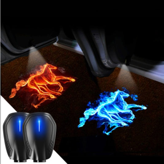 Car HD Wireless Door Welcome Light – Rechargeable Auto-Sensor LED Projector (Fire Horse Red & Blue) – Set of 2