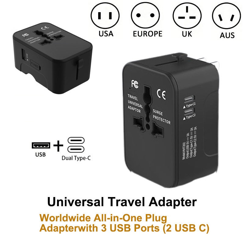 Universal Travel Adapter — Worldwide All-in-One Plug Adapter with 3 USB Ports & Type-C Fast Charging