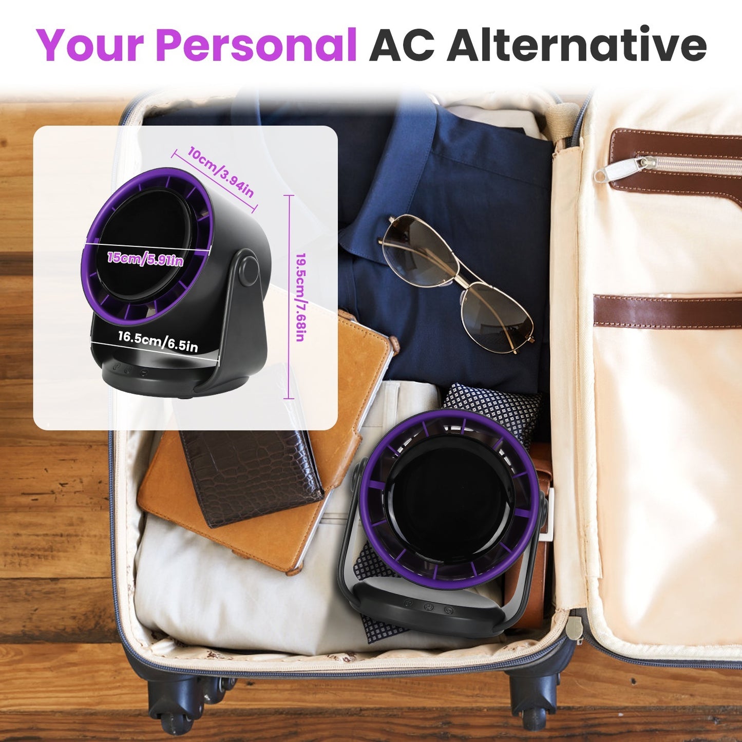 100-Speed Rechargeable Desk Fan – Silent Cooling Fan with LCD Display, 120° Tilt & Wall Mount Option (Purple)