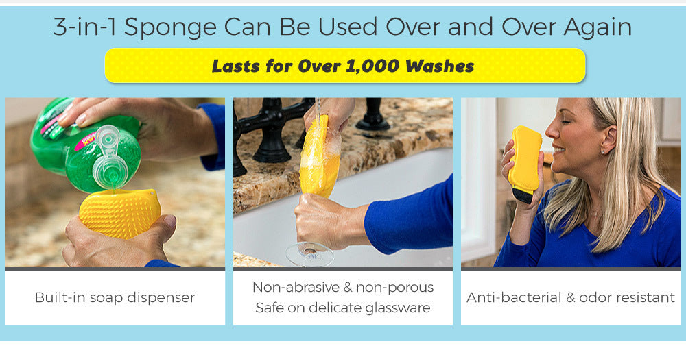 3-in-1 Silicone Sponge Hero – Scrubber, Scraper & Squeegee (Soap-Dispensing)