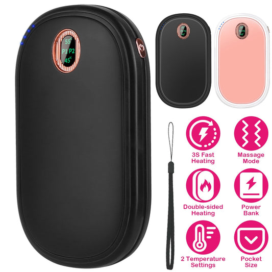 Rechargeable Hand Warmer with Digital Display – 5000mAh, Double-Sided Heating (Black & Pink)