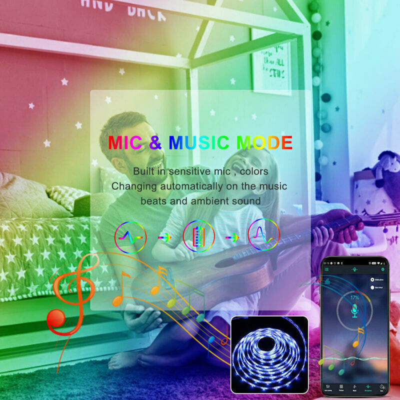 Bluetooth RGB LED Strip Lights — Music Sync + Remote — Flexible Smart Light Strip (US Plug)