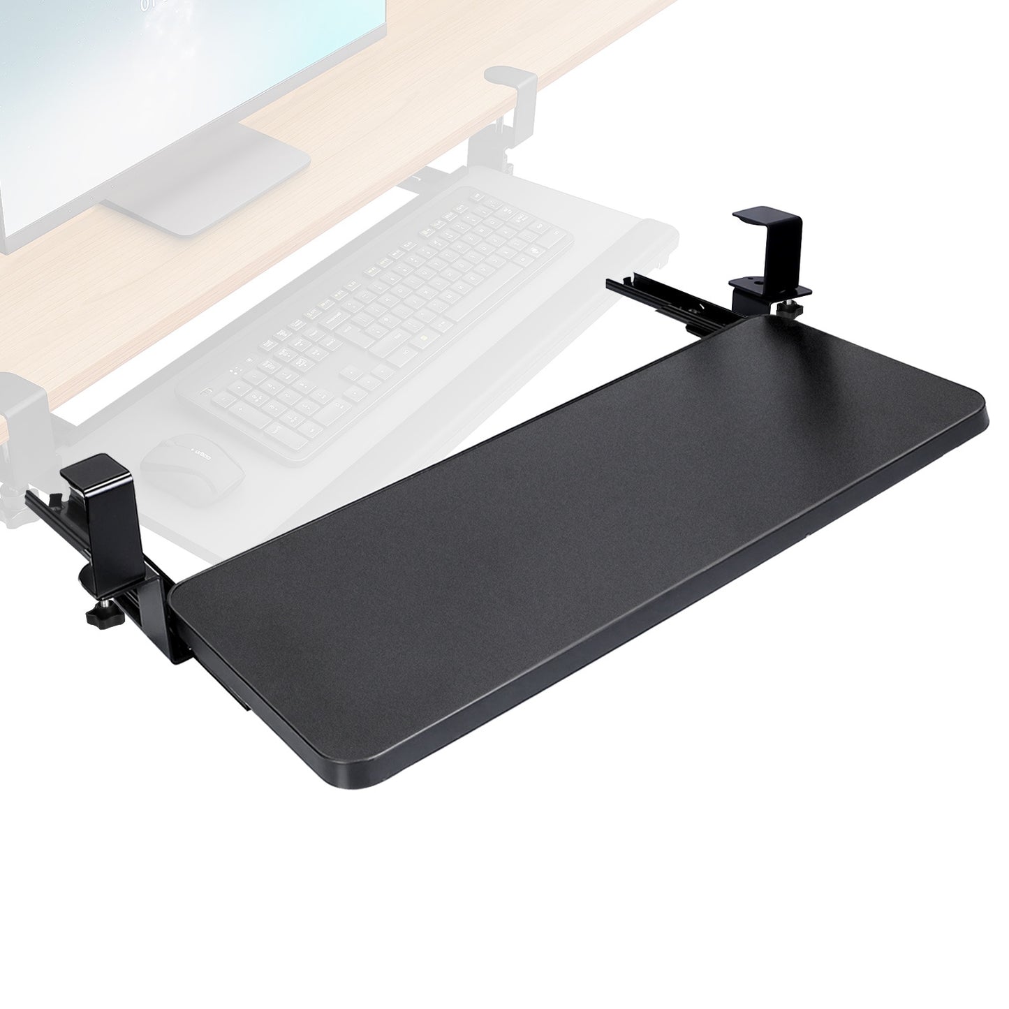 Under Desk Keyboard & Mouse Tray – Retractable Sliding Drawer, Adjustable Height, Heavy-Duty 55 lbs Load with C-Clamp Mount (Black)
