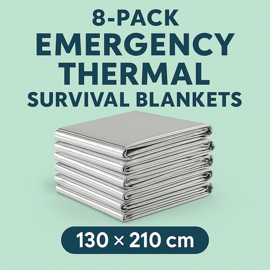 8-Pack Emergency Thermal Survival Blankets – Reflective Rainproof Silver Foil (130×210 cm)