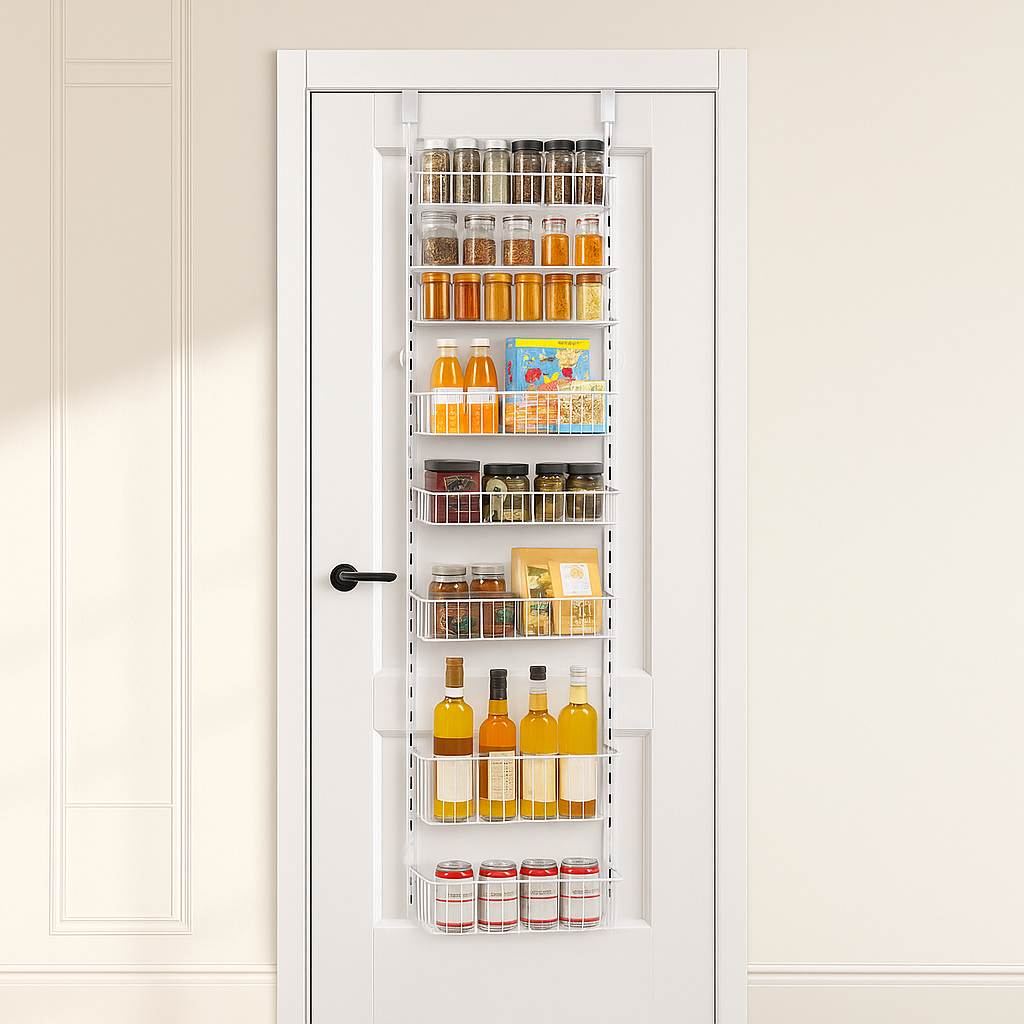 9-tier over-the-door pantry organizer with adjustable metal shelves fully stocked on a white door