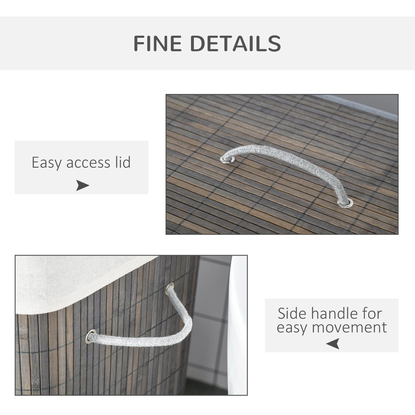 Bamboo Laundry Basket with Lid – Dual Compartment Collapsible Hamper (Gray)