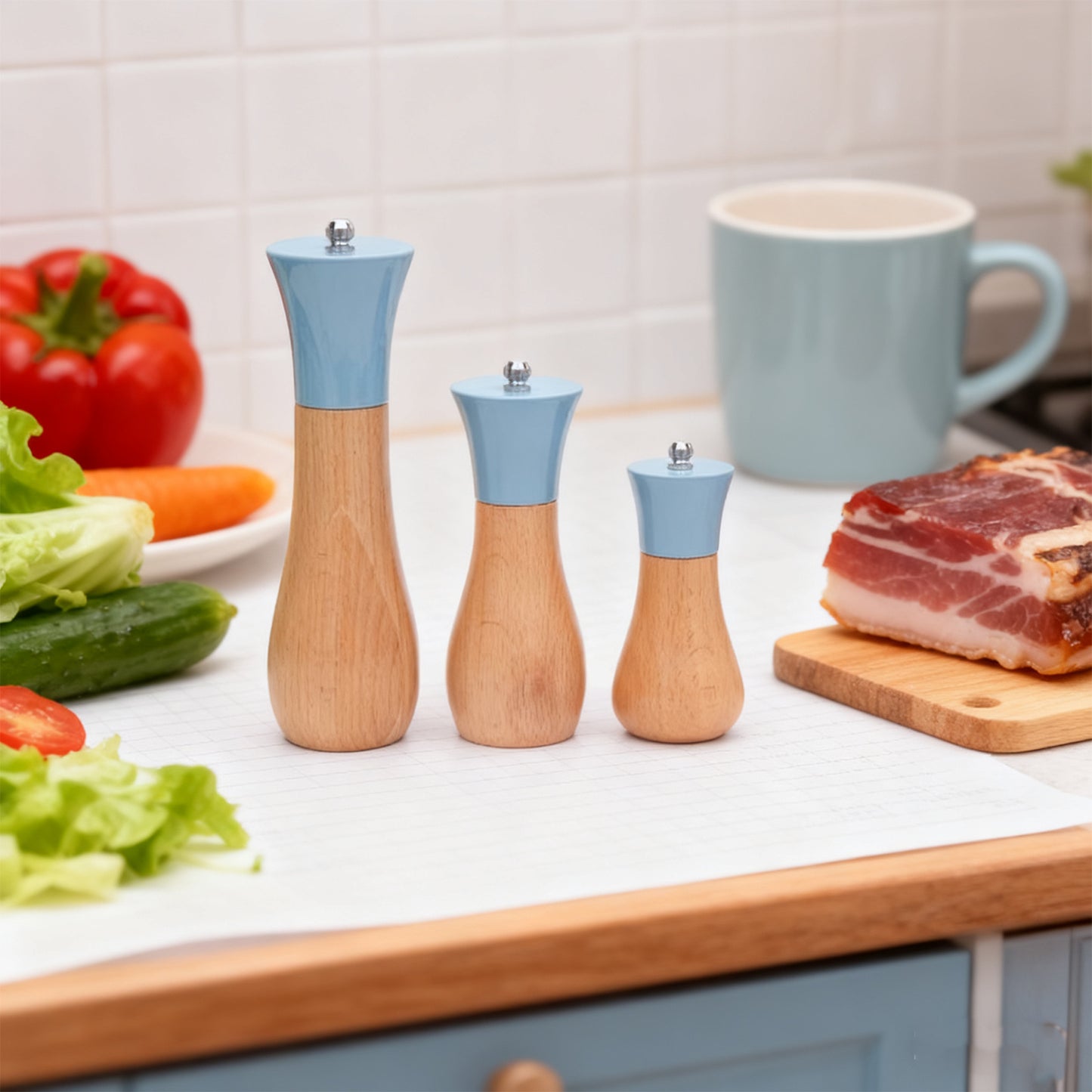 Seasoning Grinder – Premium Wooden Pepper & Salt Mill with Pastel Top (Adjustable Grind)