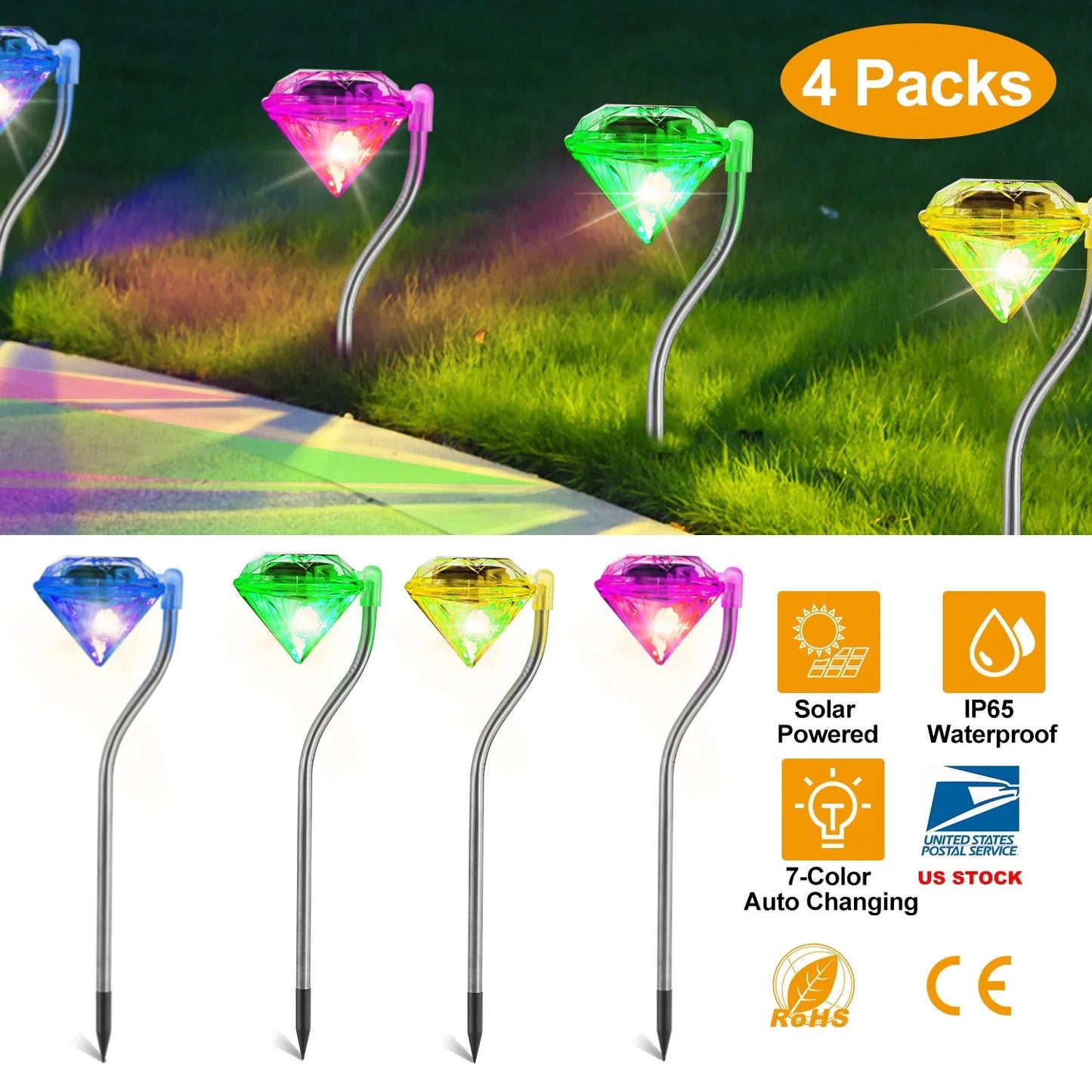 Solar Diamond Garden Lights (4-Pack) – Color-Changing RGB Pathway Stakes | Outdoor Waterproof