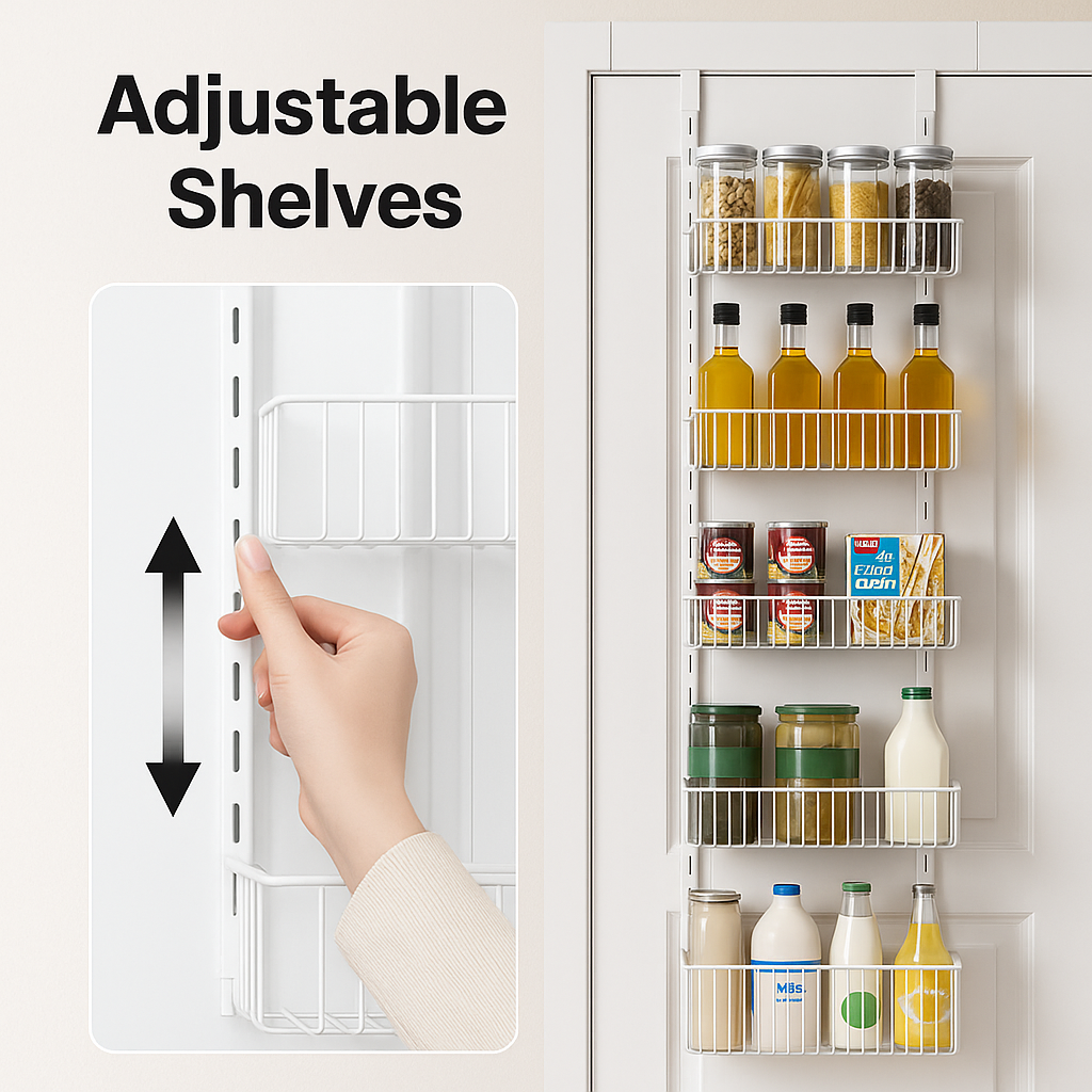 Demonstration of adjustable shelves on over-the-door pantry organizer