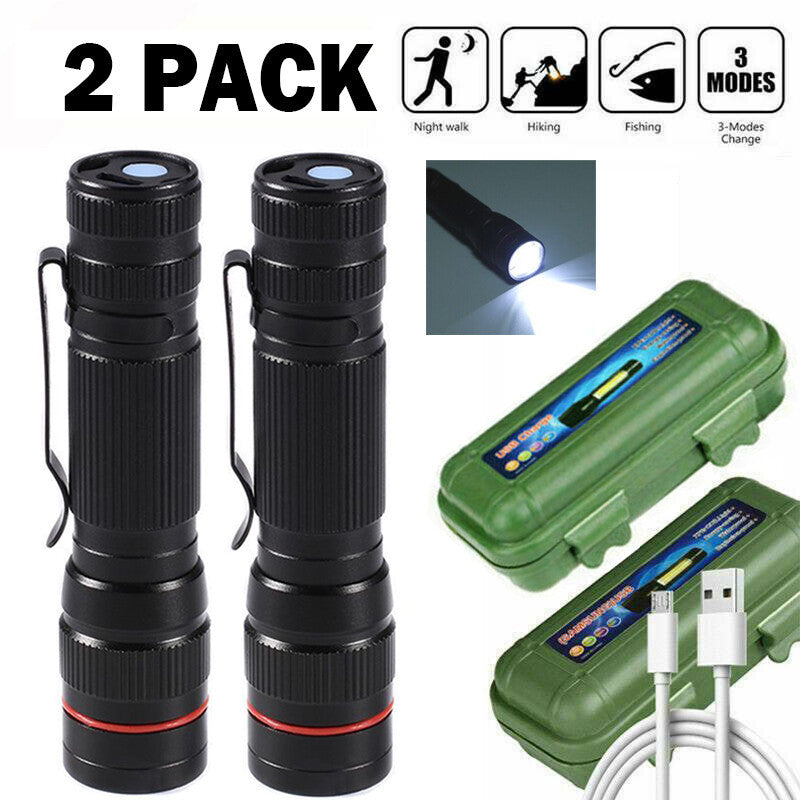 USB rechargeable tactical mini flashlight with zoom in a 2-pack set.