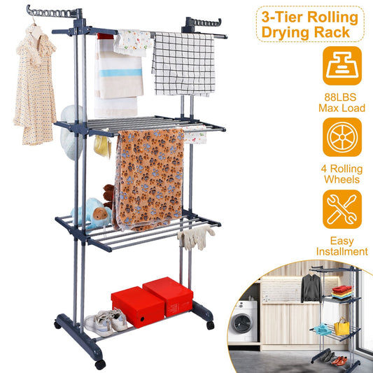 Rolling Collapsible Clothes Drying Rack With Dual Side Wings – Heavy-Duty Laundry Stand