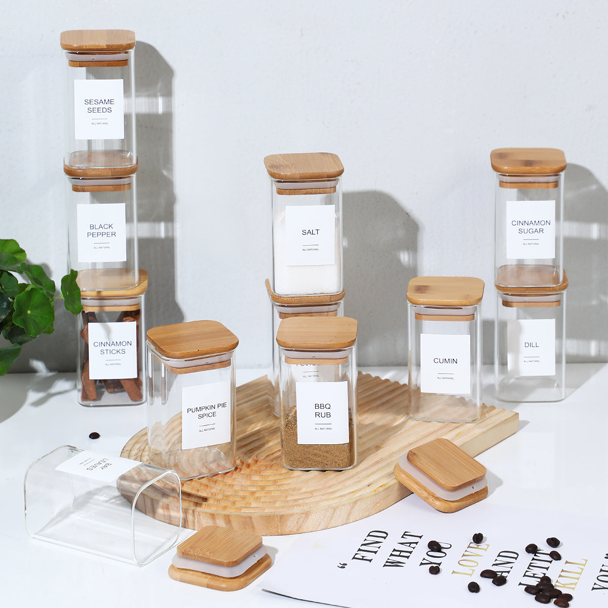 12PCS Square Spice Jars With Labels – High-Borosilicate Glass (240ml)
