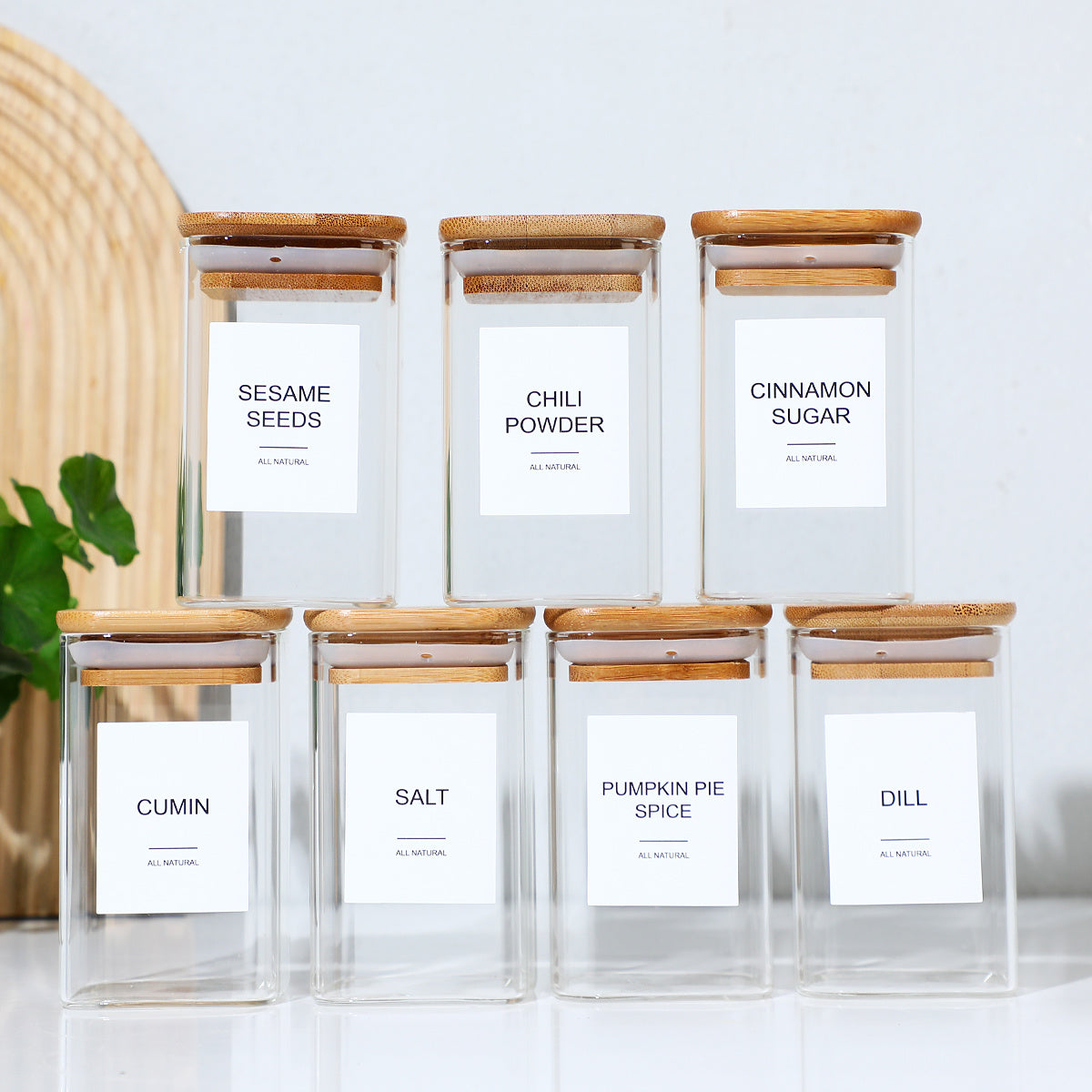 12PCS Square Spice Jars With Labels – High-Borosilicate Glass (240ml)