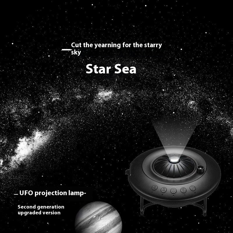 Planetarium projector lamp in black housing with starry sky display.