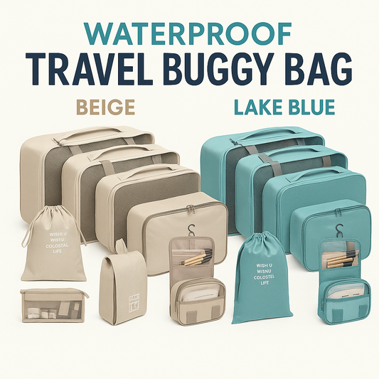 Waterproof Travel Buggy Bag – 9-Piece Clothing Organization & Storage Set (Beige / Lake Blue)