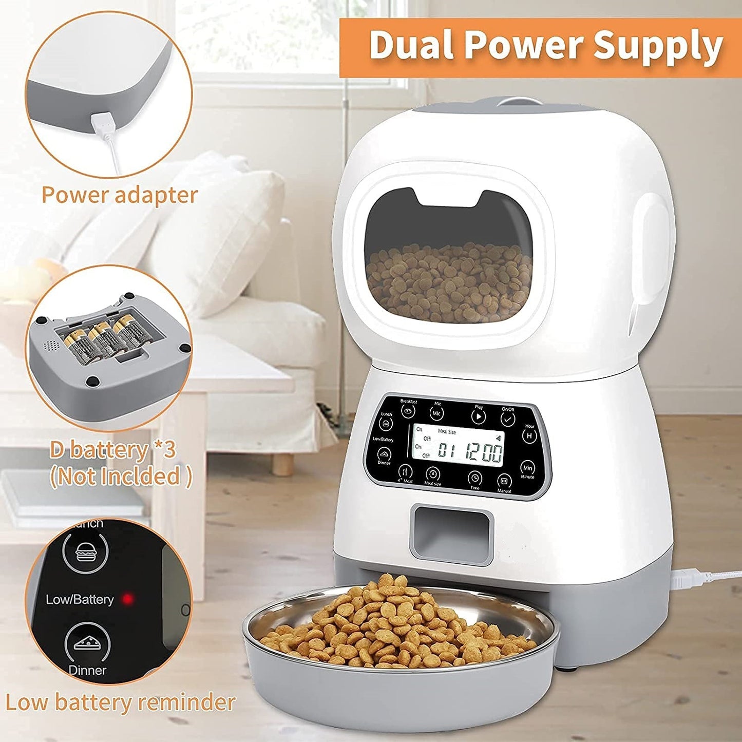 White automatic pet feeder with fixed-point feeding and WiFi or button control options