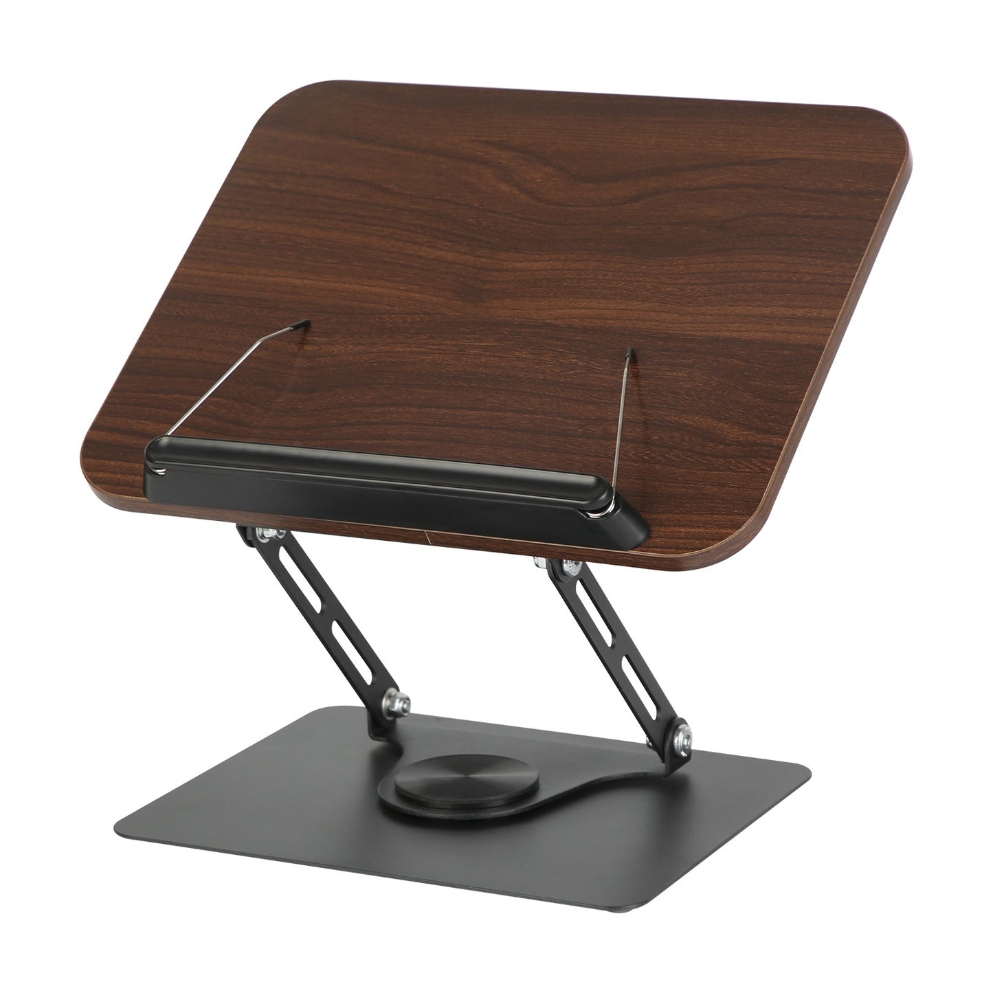 Adjustable Wood & Metal Book Stand – Foldable 360° Rotating Reading Holder for Books, Tablets & Laptops (Brown)