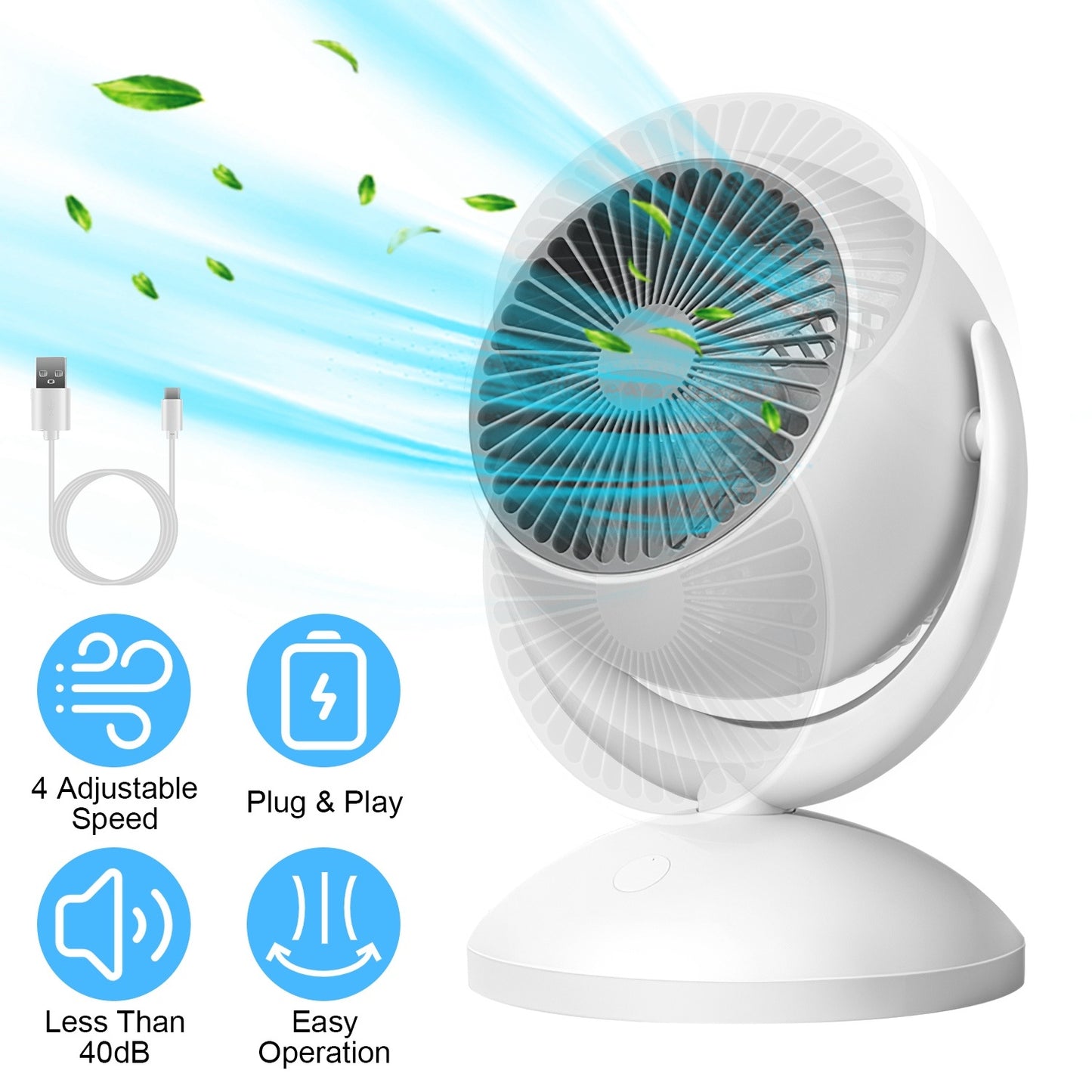 White air circulator desk fan with 360-degree tilt and automatic oscillation