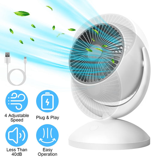 Air Circulator Desk Fan – Portable Rechargeable Oscillating Fan with 4 Speeds, 360° Tilt & Quiet 40 dB Operation (White)