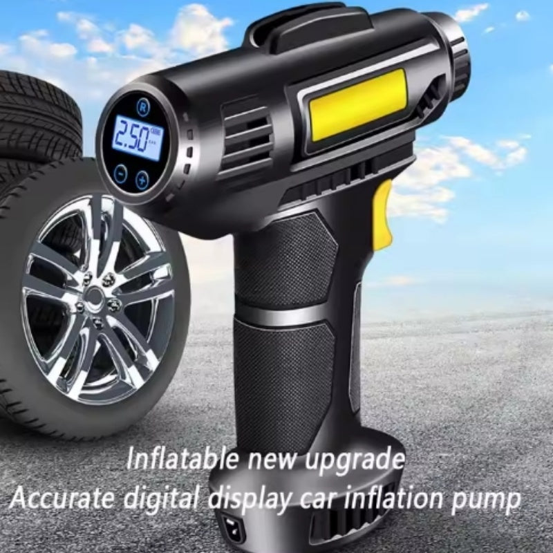Wireless handheld car tire inflator with digital display.