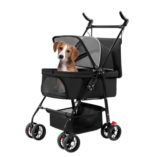 Foldable 4-wheel pet stroller with detachable carrier and mesh ventilation for dogs and cats