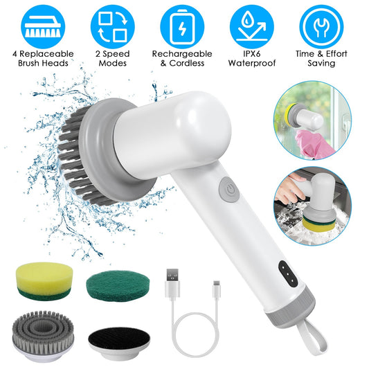 Mini Electric Handheld Spin Scrubber – Cordless Cleaning Brush (2 Speeds, 4 Brush Heads, USB-C Rechargeable)