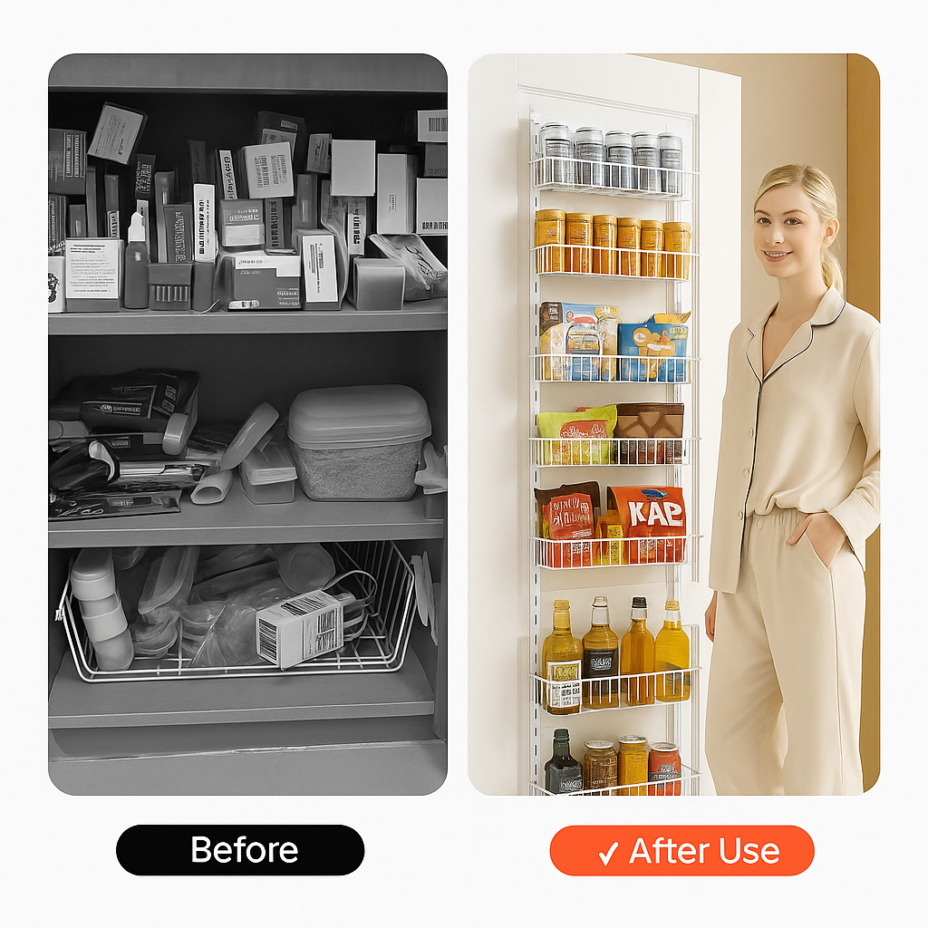 Before and after pantry organization using 9-tier over-the-door metal rack
