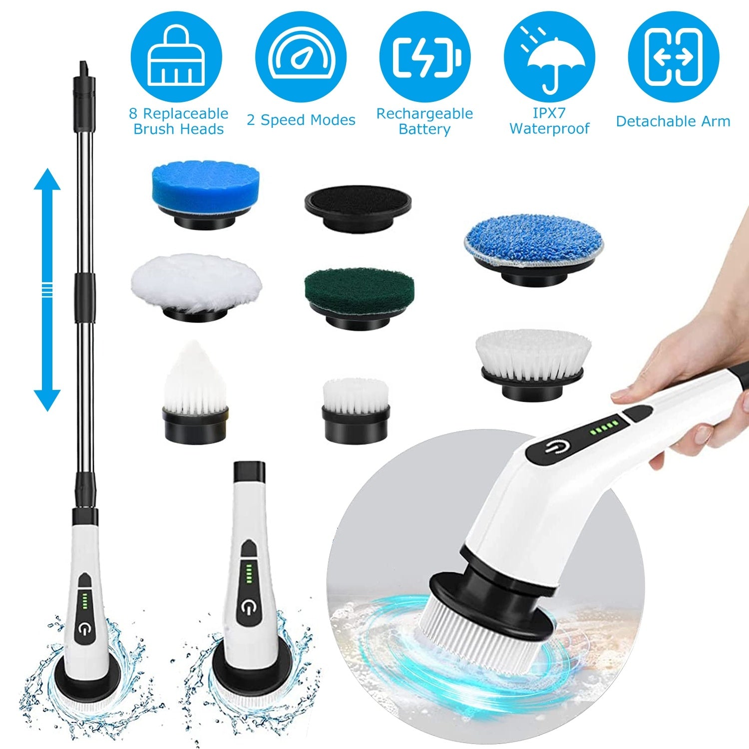 Electric telescopic spin scrubber with 8 brush heads – ValorBuy