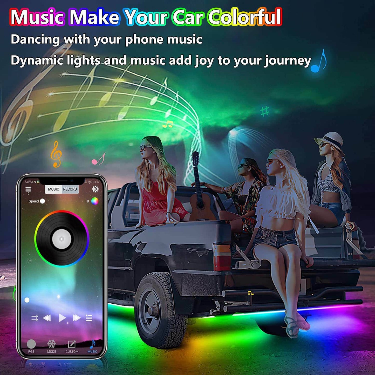 Car LED underglow RGB light kit with 6 neon tubes — app control and music sync
