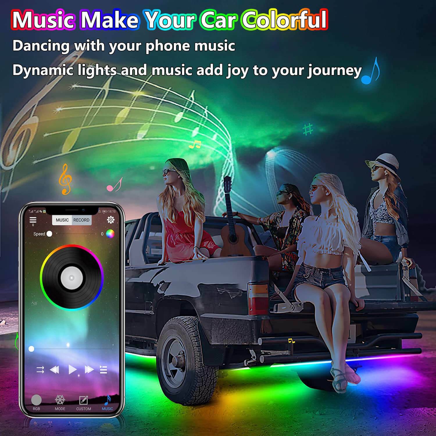 Car LED underglow RGB light kit with 6 neon tubes — app control and music sync