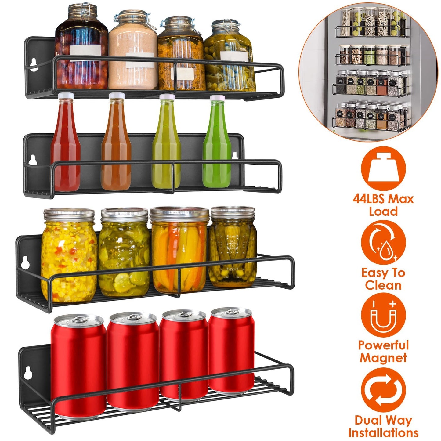 Magnetic spice rack organizer mounted on fridge – 4-piece carbon steel set