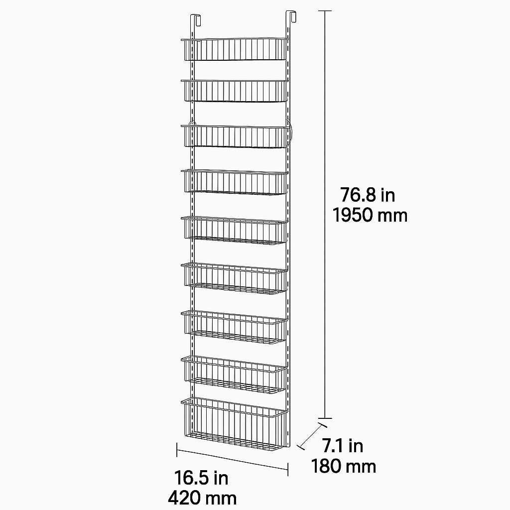 Technical diagram of 9-tier over-the-door organizer with dimensions 16.5 x 7.1 x 76.8 in