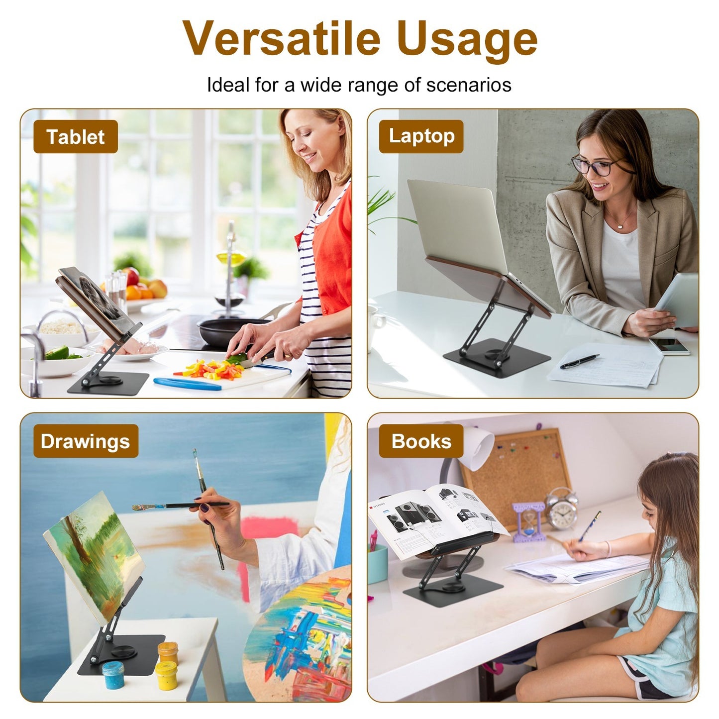 Adjustable Wood & Metal Book Stand – Foldable 360° Rotating Reading Holder for Books, Tablets & Laptops (Brown)