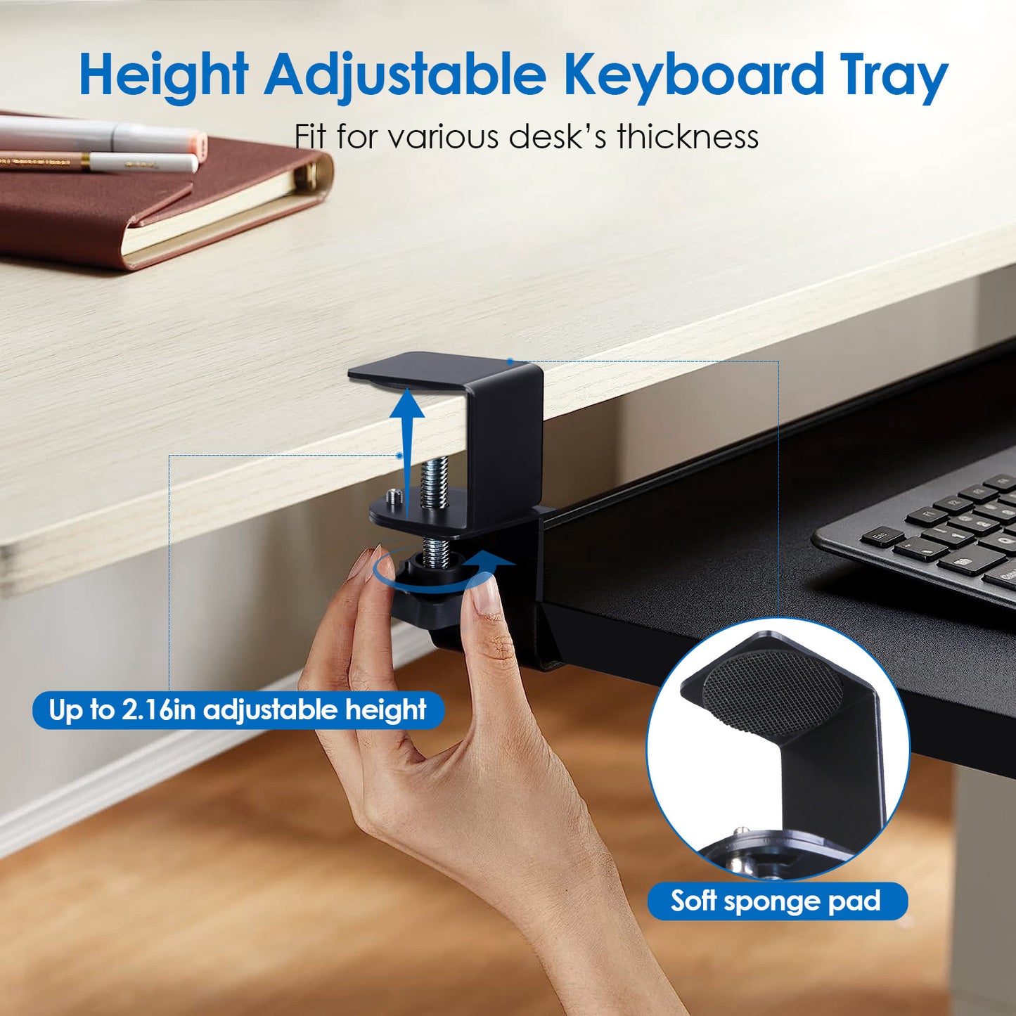 Under Desk Keyboard & Mouse Tray – Retractable Sliding Drawer, Adjustable Height, Heavy-Duty 55 lbs Load with C-Clamp Mount (Black)