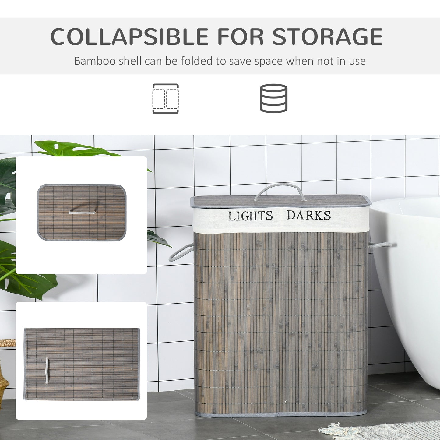 Bamboo Laundry Basket with Lid – Dual Compartment Collapsible Hamper (Gray)