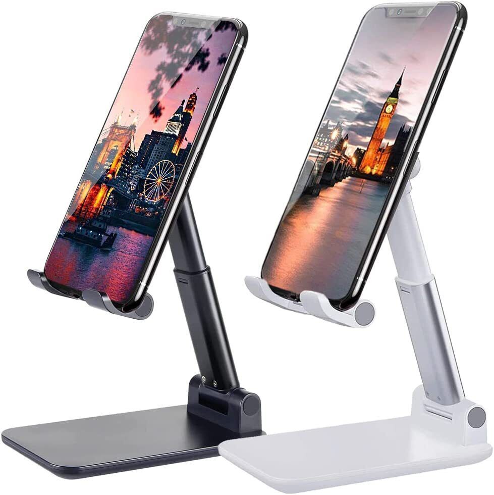 Foldable adjustable phone and tablet stand in black and white
