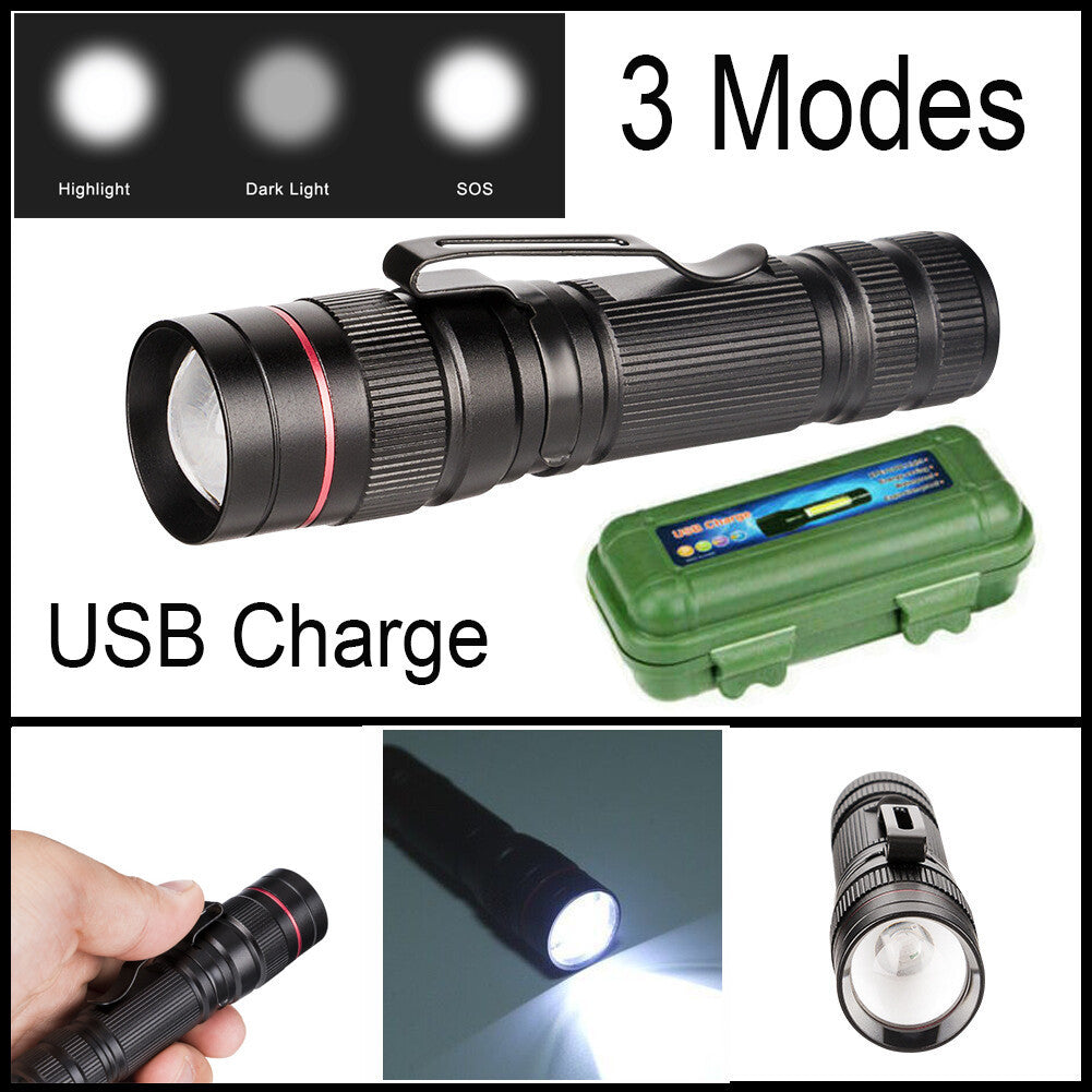 2-Pack Tactical LED Flashlight – USB Rechargeable Mini Military Torch with Zoom and 3 Light Modes