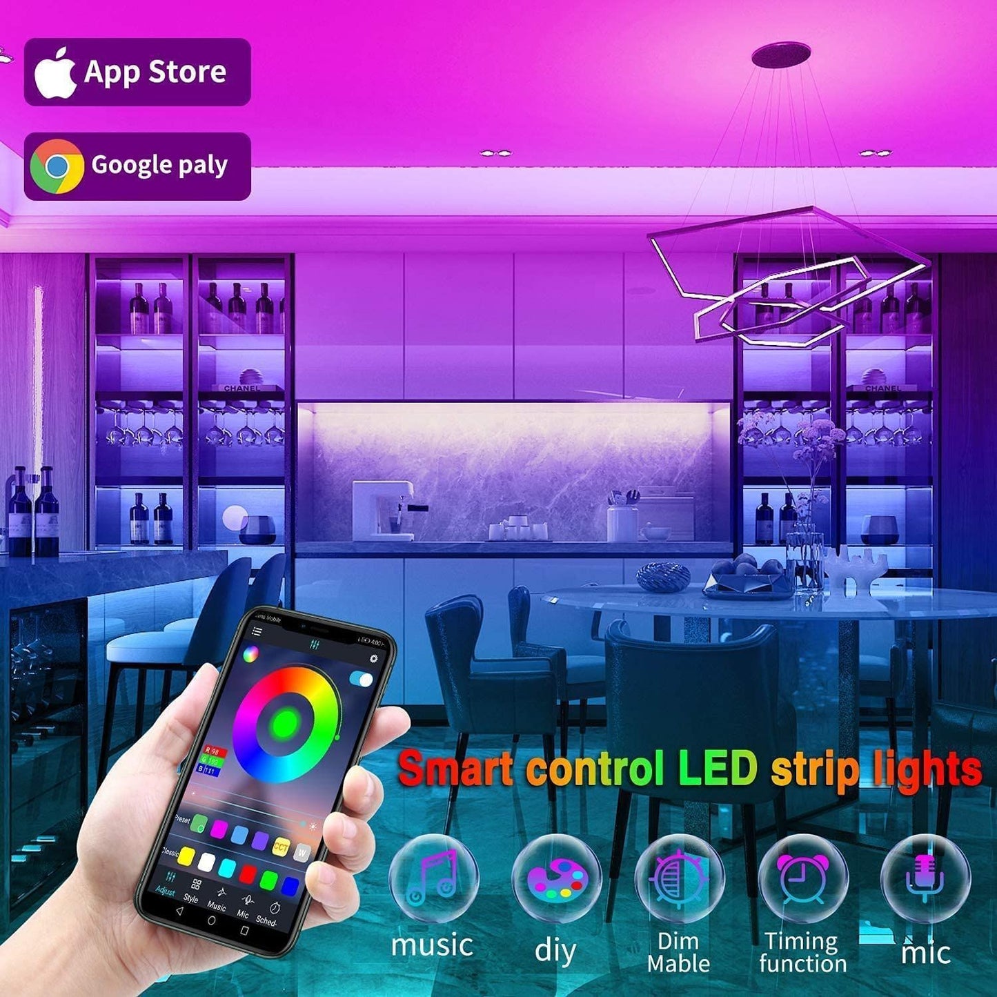 Smart neon LED strip controlled via mobile app for color and brightness customization