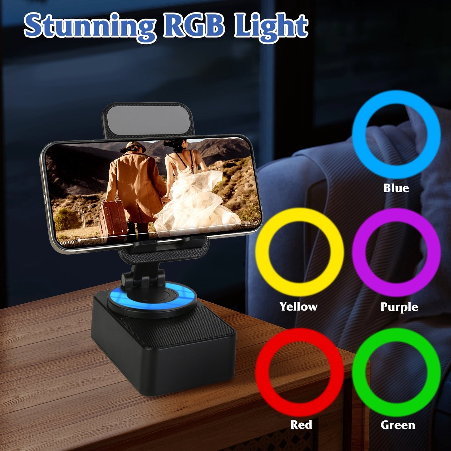4-in-1 Foldable Wireless Speaker Phone Stand with Power Bank & RGB Light (Black)